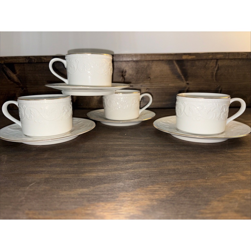Set Of 4 Farberware Cup & Saucers CALAIS #4173 White Embossed Vintage 1998